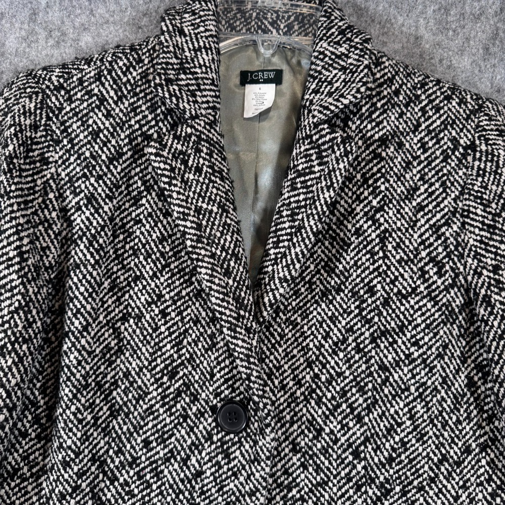 J Crew Herringbone Tweed Blazer Jacket Size 6 Black White Wool Blend Office